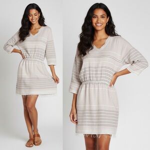 Lemlem NWT Almaz Easy V-Neck Striped Mini Dress Pebble Grey - Small